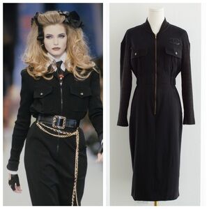 Chanel Vintage S/S 1992 Karl Black CC Knit Zip Knee Length 90s Dress